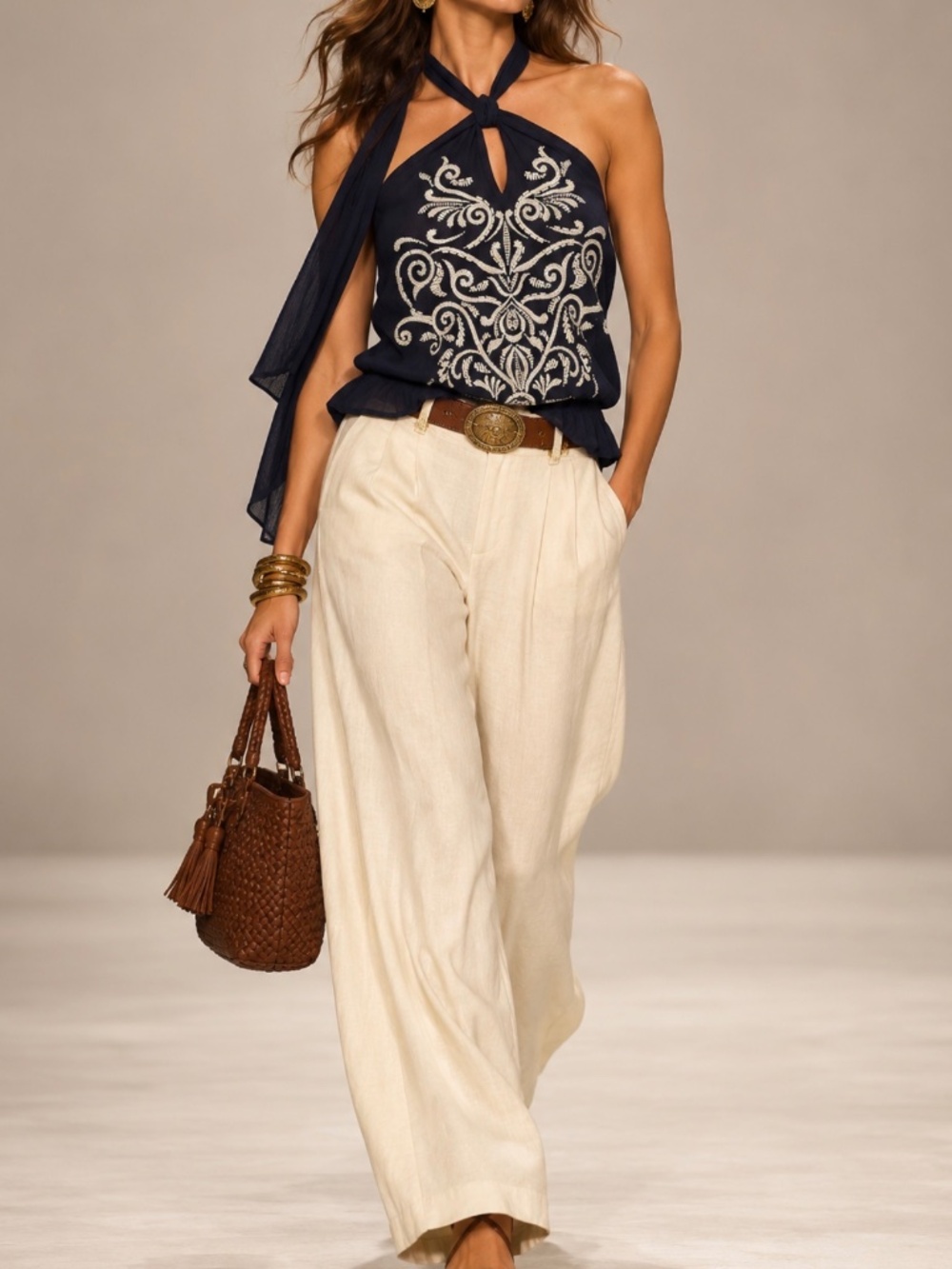 Cache embroidered and beaded halter top